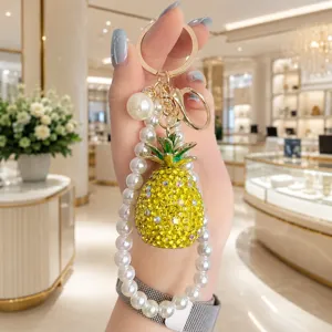 Crystal rhinestone pineapple keychain with imitation pearl strap luxury gold handbag charm