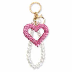 Pink rhinestone heart key ring with faux pearls, elegant bag charm for women and girls.