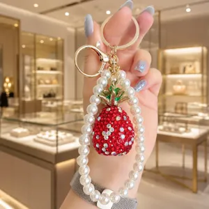 Crystal fruit keychain with pearl strap luxury sparkling rhinestone car key ring handbag charm