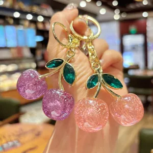 Glitter cherry keychain bag charm, cute crystal leaf metal keyring accessory for women girls gift