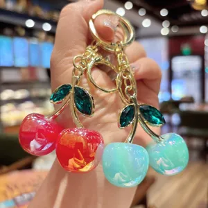 Fashion crystal cherry keychain cute bag pendant luxury metal fruit key ring charm decor