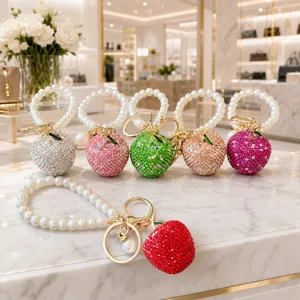 Rhinestone apple pearl bag charm, crystal studded fruit keychain for women luxury gift.