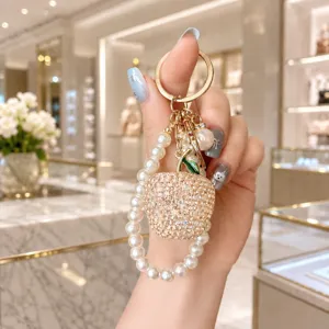 Sparkling crystal 3D apple pearl keychain luxury rhinestone bag charm for daily use