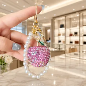 Crystal pink apple pearl keychain phone bag pendant luxury cute charm accessory gift