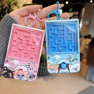 Mini handheld maze game keychain cute cat and puppy puzzle toy pendant for kids gift