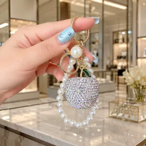 Dazzling Crystal Rhinestone Apple Pearl Pendant Keychain Luxury Women Bag Charms
