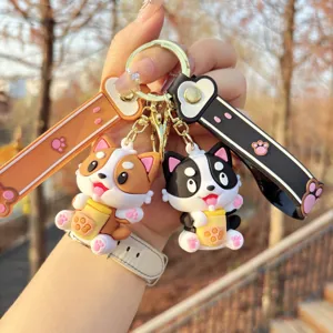Cute cartoon boba dog keychain soft rubber puppy bag charm pendant for daily accessories and gifts.