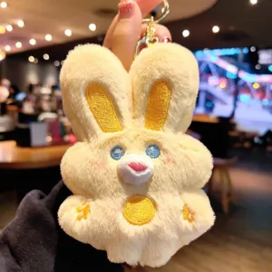 Cute fluffy rabbit plush keychain detail, soft yellow stuffed toy bag pendant accessory.