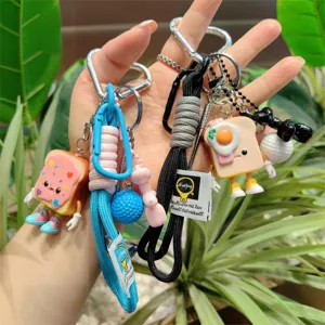 Cute toast keychain with woven lanyard, cartoon bread charm and bag pendant for students.