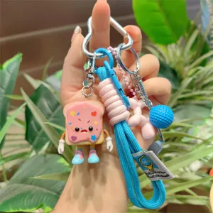 Cute cartoon toast bread keychain with braided lanyard and charms, sweet bag backpack pendant.