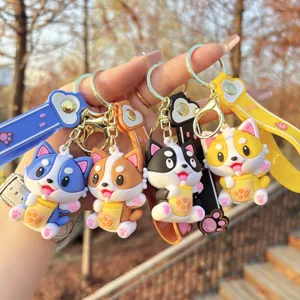 Cute cartoon puppy boba tea keychain soft rubber dog doll pendant lovely bag charm gift