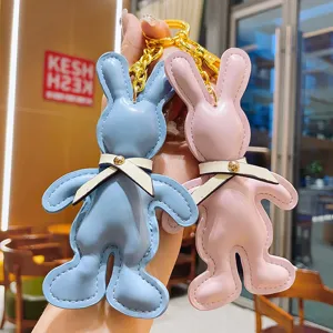 Creative PU Leather Bowtie Rabbit Keychain Cute Cartoon Animal Bag Pendant Luxury Car Keyring Hanging Ornament Gift For Women Girl Accessory