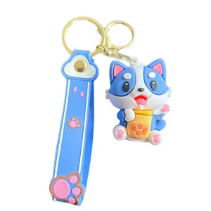 Cute blue cartoon puppy keychain with boba tea cup soft rubber bag pendant ornament gift