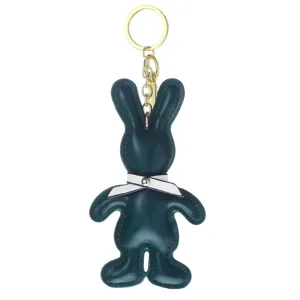 Dark green PU leather rabbit keychain with cute white bow, luxury gold metal ring bag charm.