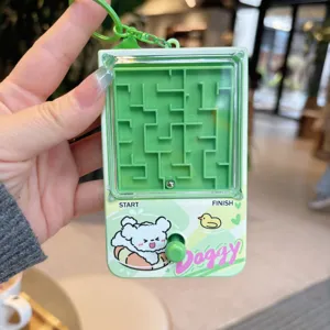 Mini handheld maze game keychain toy with cute cartoon bear design and metal ring pendant.