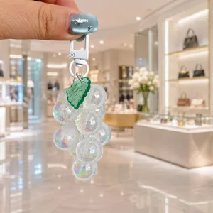 Acrylic crystal grape keychain charm, cute fruit handbag pendant and phone hanging strap.