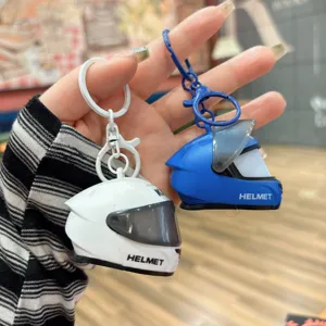 Trendy Mini Motorcycle Helmet Keychain Glowing LED Light Plastic Keyring Car Charm Backpack Pendant Cute Novelty Gift Accessories For Students