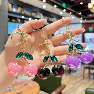 Fashion crystal cherry keychain cute fruit bag charm luxury metal key ring for women girls