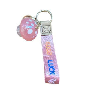 Cute jelly mushroom keychain with pink strap, glossy resin pendant for keys and bags.