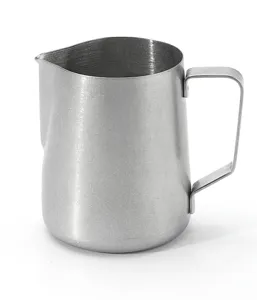 Stainless steel milk frothing pitcher detail view, professional coffee latte art jug tool.