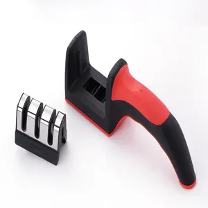 Kitchen knife sharpener 3-stage detachable sharpener tool black and red ergonomic handle detail