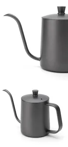 Stainless steel gooseneck pour over coffee kettle detail view for precise brewing control.