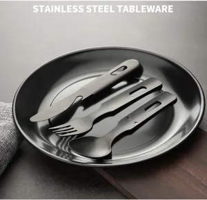 Stainless steel tableware set with retro black titanium coating, portable knife fork spoon.