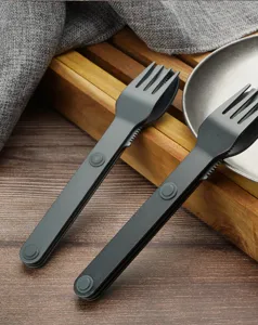 Portable magnetic camping cutlery set, aluminum multi-function spork detail view.