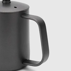 Matte black stainless steel pour over coffee kettle detail shot for precise flow control.