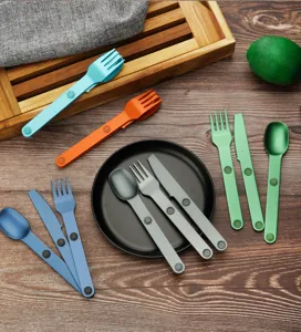 Portable magnetic camping cutlery set with fork, knife, and spoon in durable aluminum.