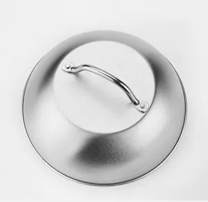 Stainless steel burger cover detail view, round teppanyaki steak dome lid with smooth handle.