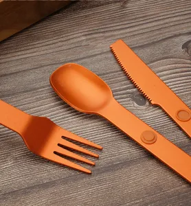 Portable magnetic aluminum cutlery set, orange outdoor camping fork spoon and knife three piece.