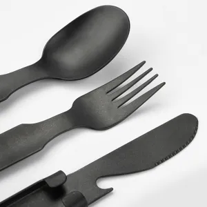 Retro titanium-plated 3-piece cutlery set, black portable outdoor fork, spoon, and knife.