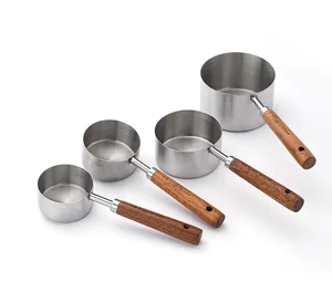 Stainless steel measuring cups set with ergonomic wooden handle for kitchen baking tool