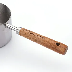 Stainless steel measuring cup with wooden handle for baking, 1 cup capacity main view.