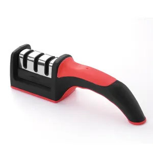 3-stage kitchen knife sharpener with ergonomic black red handle for fast and efficient sharpening.
