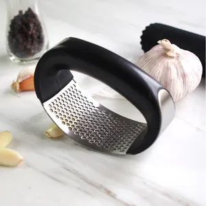 Stainless steel rocking garlic press with ergonomic black handle, manual kitchen garlic mincer
