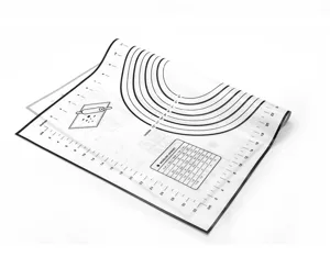 Vue détaillée du tapis de pétrissage en silicone épais avec échelles de mesure et tableau.