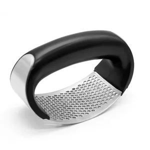 Stainless steel garlic press, ergonomic rocking garlic mincer, kitchen tool for easy crushing.