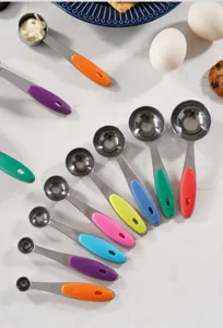 Stainless steel measuring spoons set with colorful silicone handles for baking cooking kitchen tools