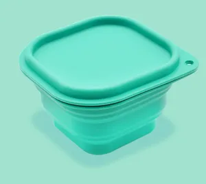 Tragbare Silikon Falt-Schüssel mit Deckel für Outdoor Picknick Camping. Detailansicht.