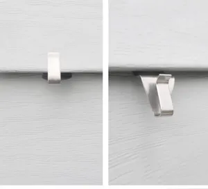 Stainless steel siding hooks detail view, punch-free vinyl siding clips for outdoor hanging.