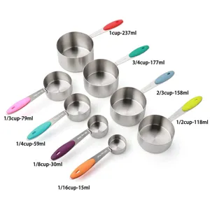 Stainless steel measuring cups and spoons set with colorful silicone handles for baking.