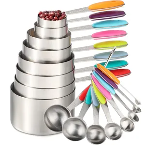 Stainless steel measuring cups and spoons set 16 pieces with colorful silicone handles baking tools.