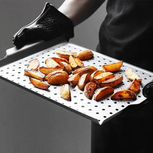 Heavy Duty Carbon Steel Non Stick BBQ Grill Pan Rectangular Outdoor Camping Teppanyaki Roasting Tray with Drainage Holes