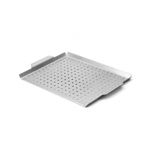 Perforated square grill pan for outdoor camping, durable metal barbecue tray with handles.