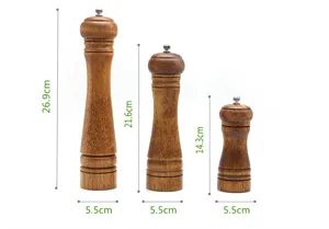 Houten pepermolen maatspecificatie detail toont three verschillende hoogtes van molens.