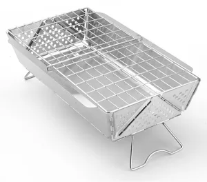 Grill pliable en acier inoxydable vue détaillée, poêle de camping portable avec grille.