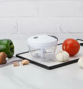 Dettaglio del tritatutto manuale, mini robot da cucina compatto per aglio con contenitore.