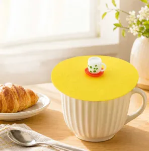 Silicone cup lid with cute 3D mini teacup handle, dustproof cover for ceramic mugs.